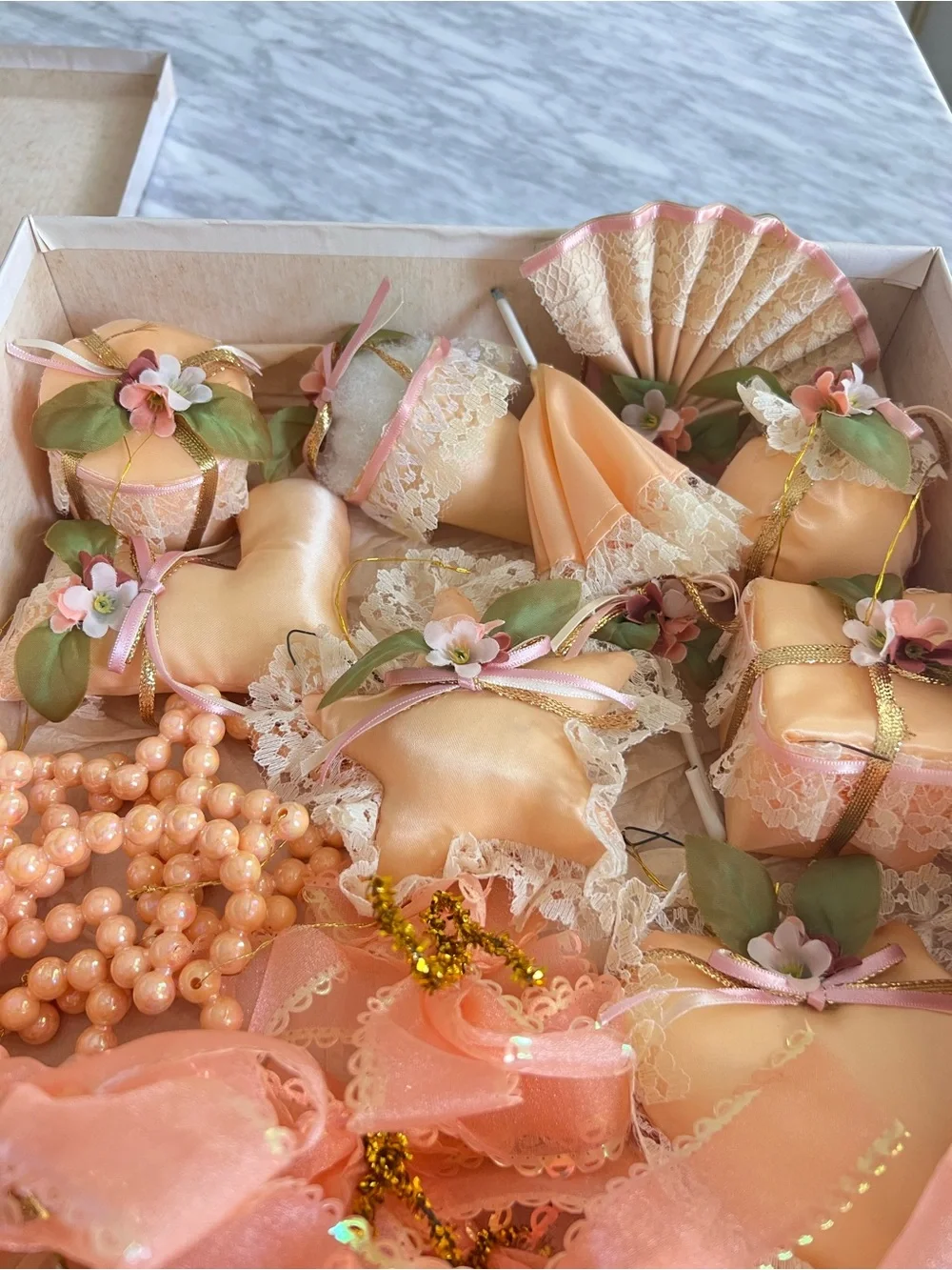 Vintage Holiday Peach Satin & Lace Decorative Ornaments